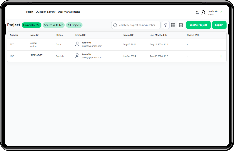 Project Management feature for survey platform